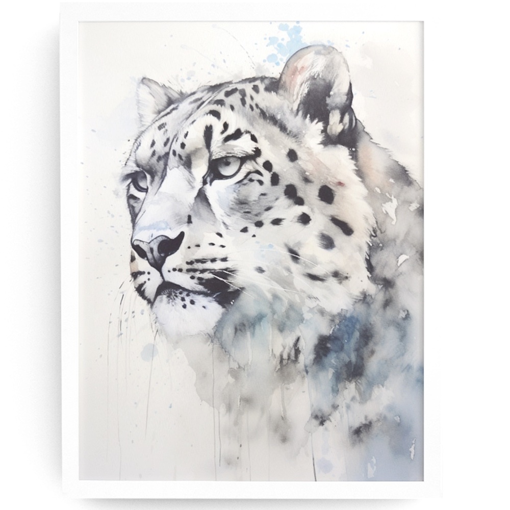 Watercolor Snow Leopard Portrait Wall Art Illustration Print Poster Unframed
